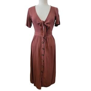 Mimi Chika Tie Front Short Sleeve V Neck Lightweight Button Front Midi Dress